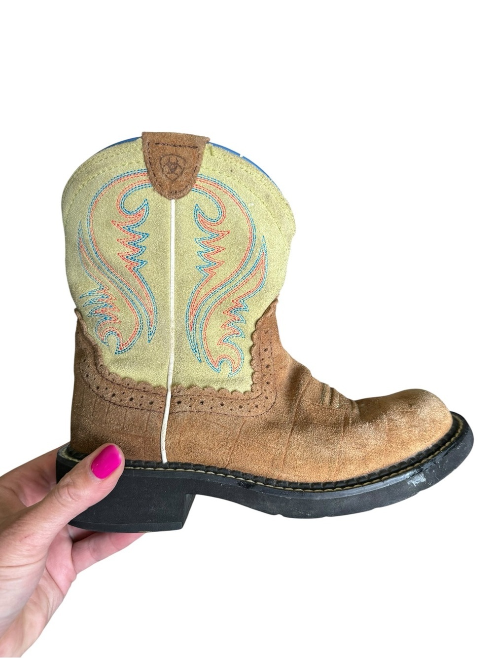 Ariat Kids Suede Western Cowboy Boots Tan Green Embroidered Size 5.5B